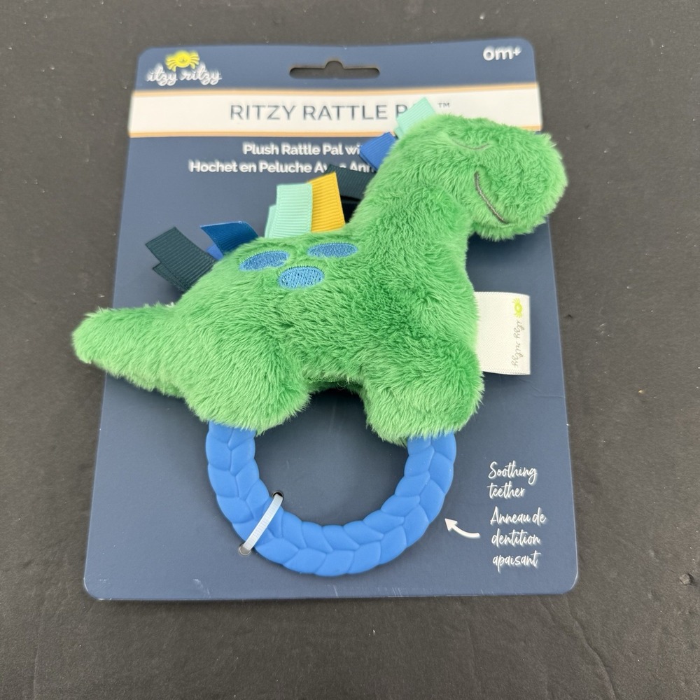 Itzy Ritzy Plush Rattle Pal with Teether Green Dino Dinosaur Baby Toy